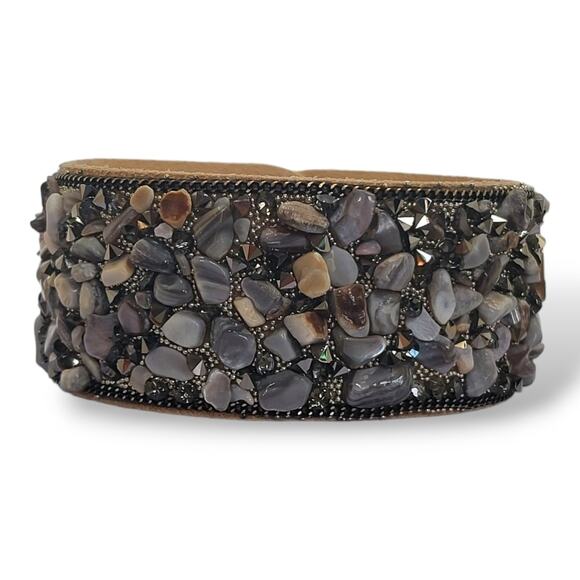 New Tan Suede Leather Tumbled Stone and Hematite Bracelet 7" - Picture 1 of 8